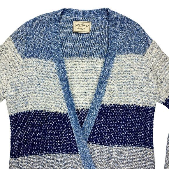 Lucky Brand Cardigan Women L Blue White Fringe Boho Tunic Fuzzy Cottage Sweater - Picture 3 of 16